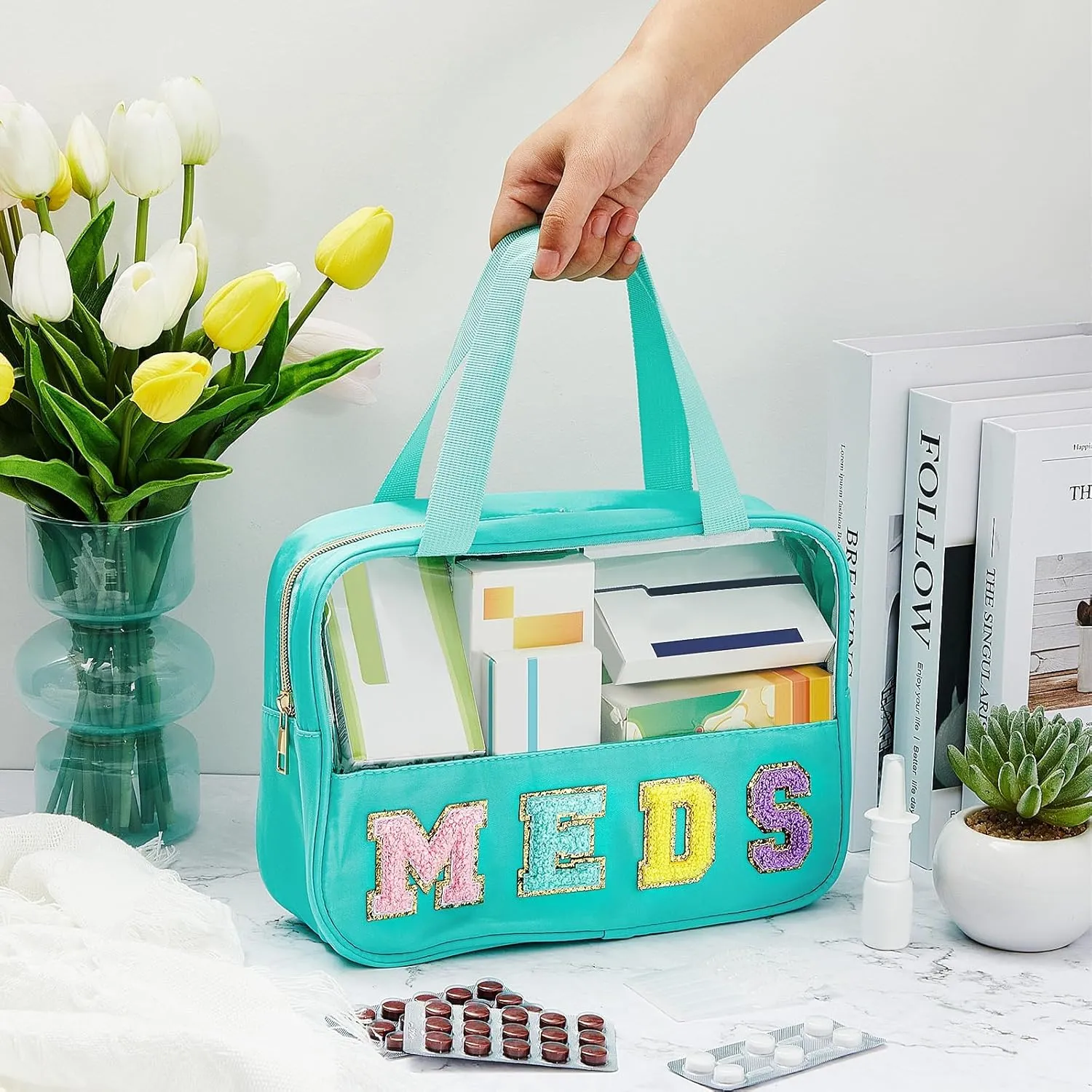 Geetery Chenille Letter Bag, Preppy PVC Nylon Makeup Portable Cases Preppy Patch with Zipper Cosmetic Clear Travel Toiletry Storage Bag for Women(Green,Novel Meds)