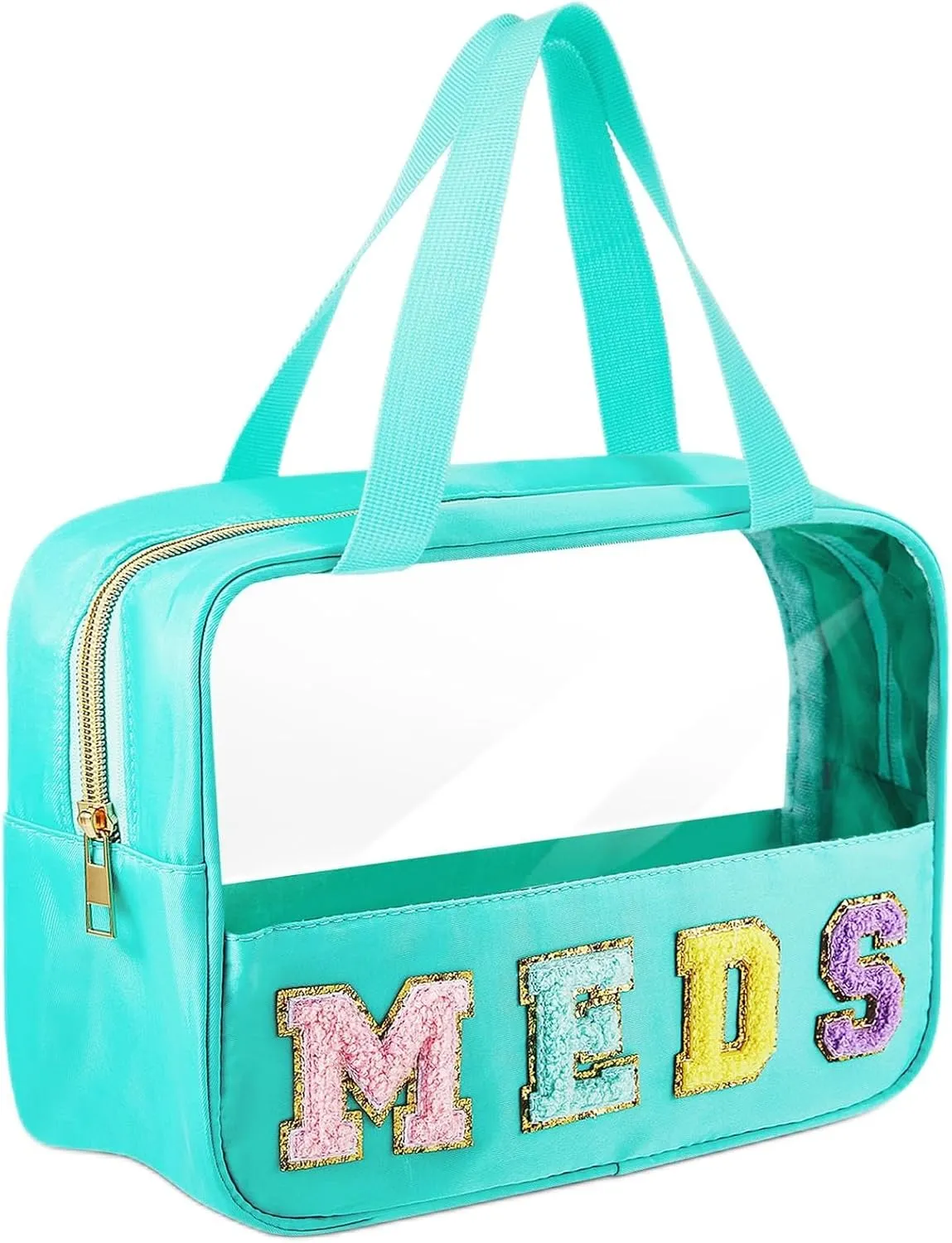 Geetery Chenille Letter Bag, Preppy PVC Nylon Makeup Portable Cases Preppy Patch with Zipper Cosmetic Clear Travel Toiletry Storage Bag for Women(Green,Novel Meds)