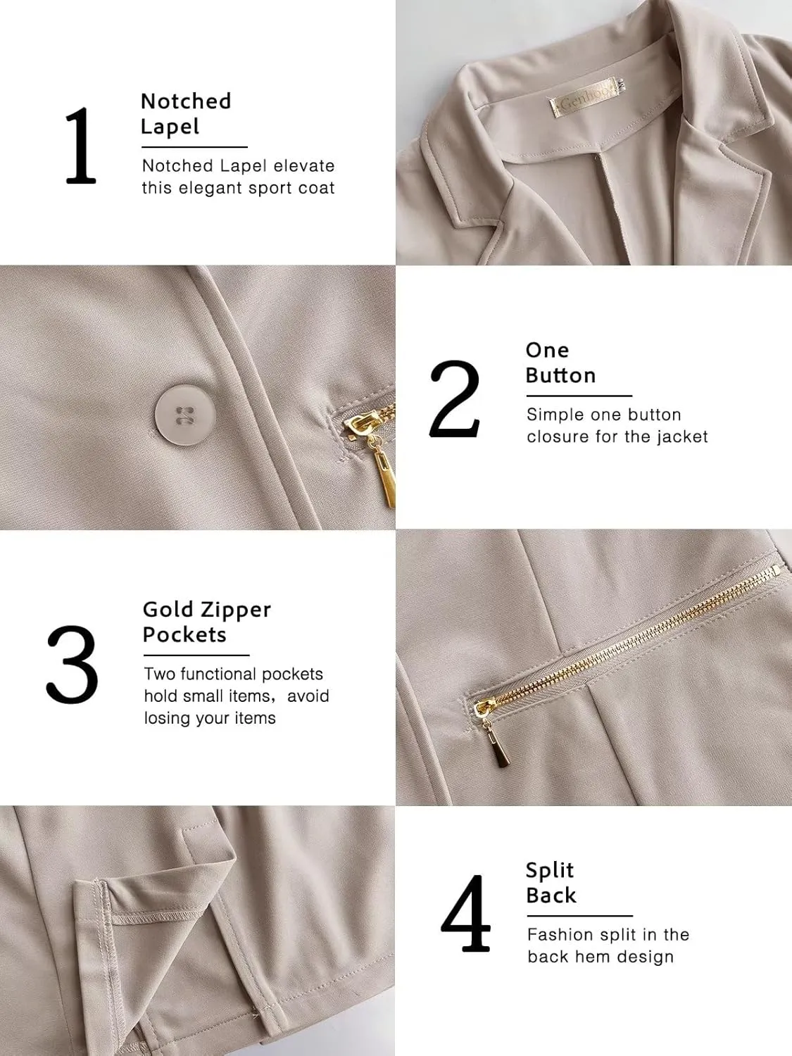 Genhoo Women's Long Sleeve Blazer Open Front Cardigan Jacket Work Office Blazer with Zipper Pockets S-3XL