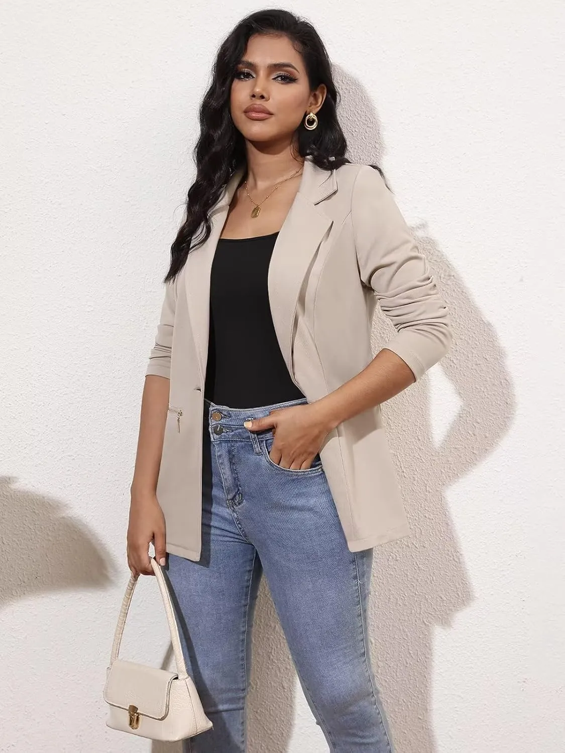 Genhoo Women's Long Sleeve Blazer Open Front Cardigan Jacket Work Office Blazer with Zipper Pockets S-3XL