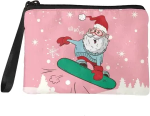 GIFTPUZZ Funny Santa Claus Pink Coin Purse Wallet Pouch for Women, Small Change Bag with Zipper and Wrist Strap, Mini Travel Purse, Makeup Card Novelty Bag
