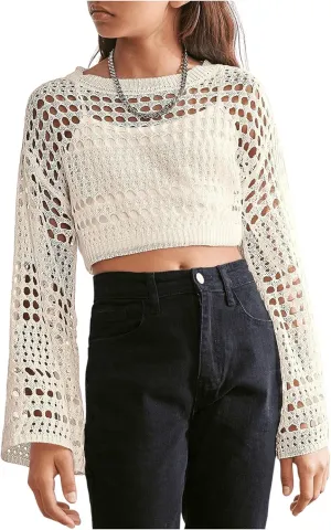 Girl's Hollow Out Knitted Crop Sweater Long Sleeve Crew Neck Drop Shoulder Sheer Pullovers Knitwear