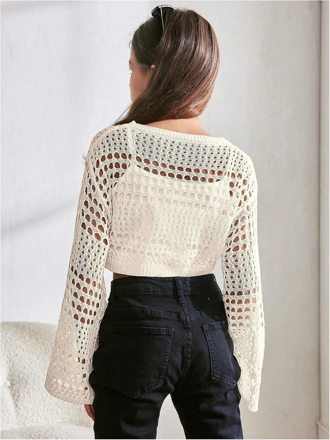 Girl's Hollow Out Knitted Crop Sweater Long Sleeve Crew Neck Drop Shoulder Sheer Pullovers Knitwear