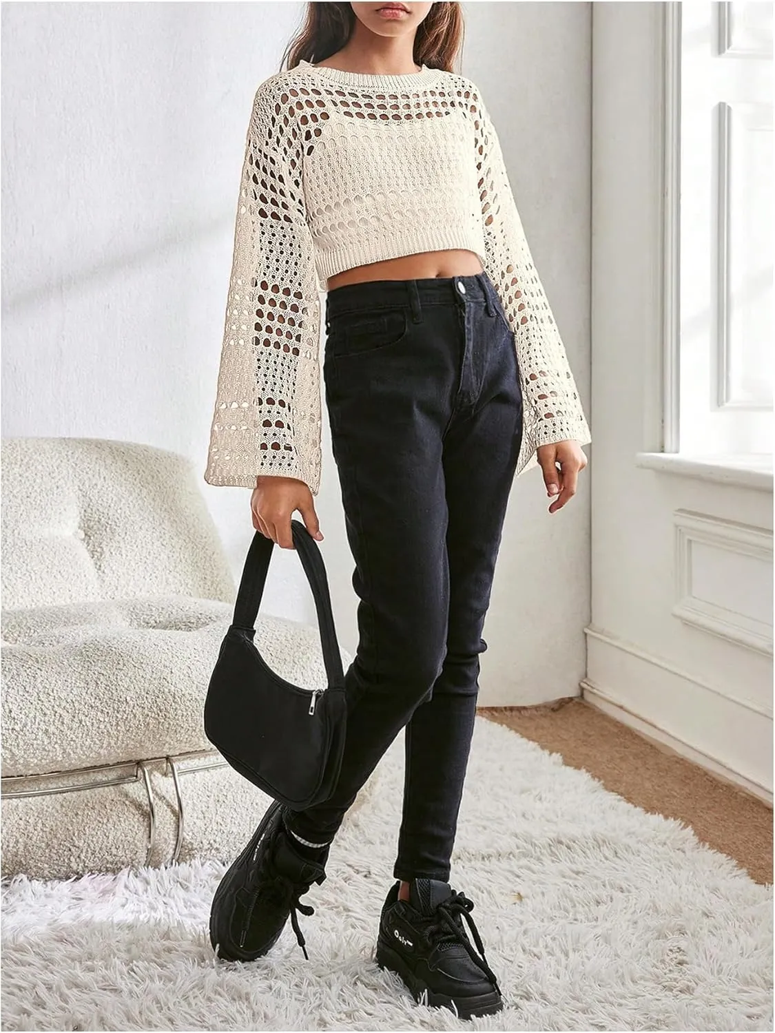 Girl's Hollow Out Knitted Crop Sweater Long Sleeve Crew Neck Drop Shoulder Sheer Pullovers Knitwear