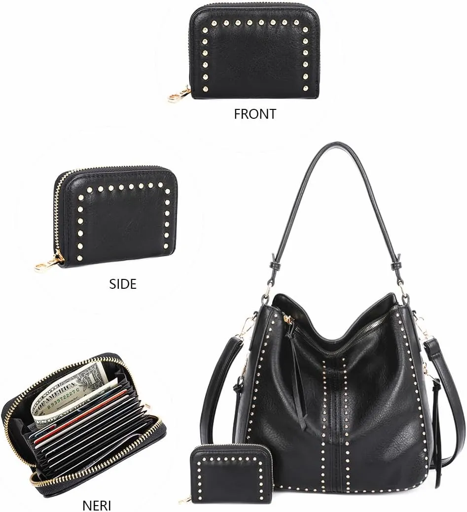 Gold Hardware Fashion HandBag Women Shoulder Bag Hobo Bags Detachable Crossbody Strap Purse Wallet Set Studs Leather Tote Bag