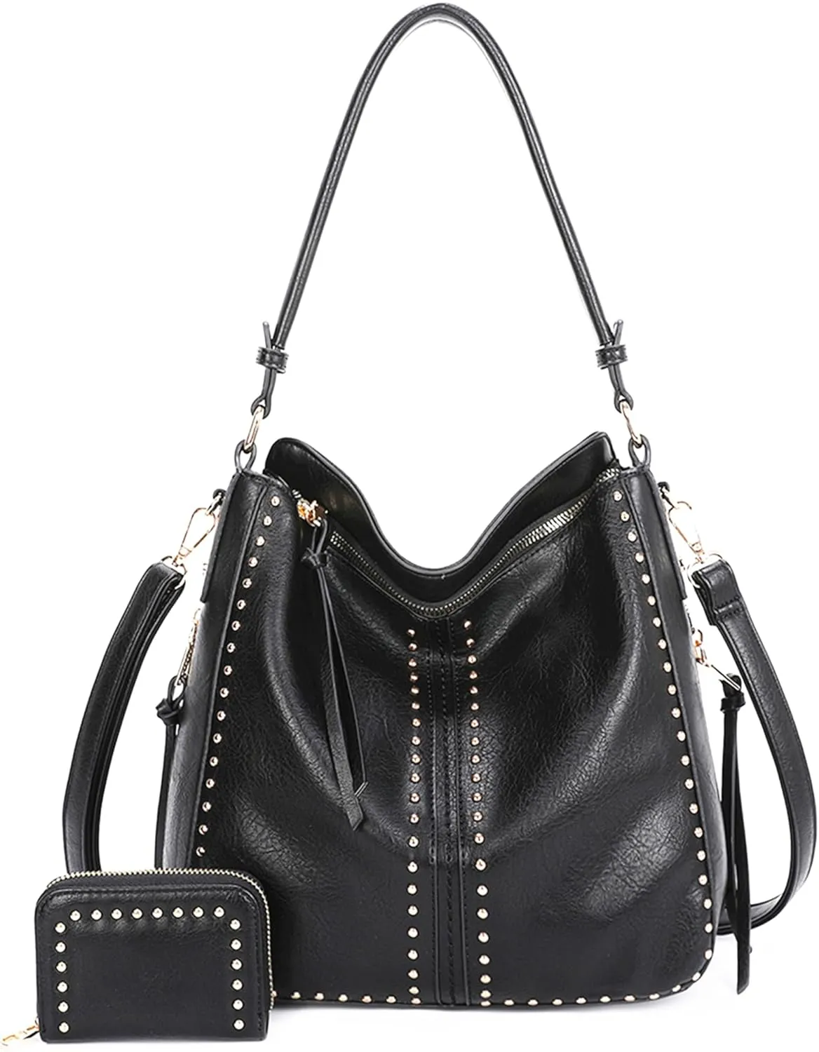 Gold Hardware Fashion HandBag Women Shoulder Bag Hobo Bags Detachable Crossbody Strap Purse Wallet Set Studs Leather Tote Bag