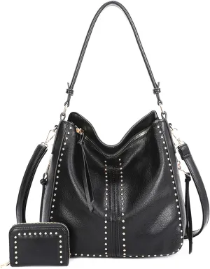 Gold Hardware Fashion HandBag Women Shoulder Bag Hobo Bags Detachable Crossbody Strap Purse Wallet Set Studs Leather Tote Bag