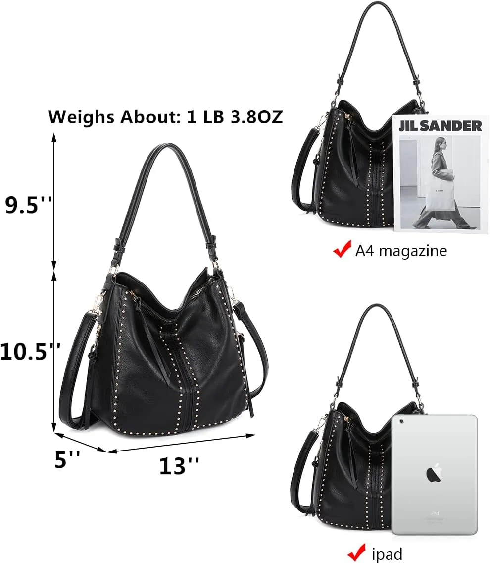Gold Hardware Fashion HandBag Women Shoulder Bag Hobo Bags Detachable Crossbody Strap Purse Wallet Set Studs Leather Tote Bag