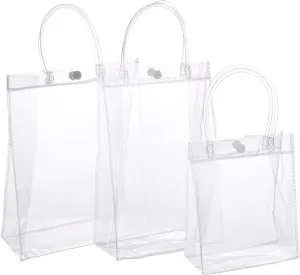 GORGECRAFT 3pcs Transparent PVC Gift Wrap Handbag Reusable Retail Shopping Bags Clear Tote Bags Big Capacity(S, M, L)