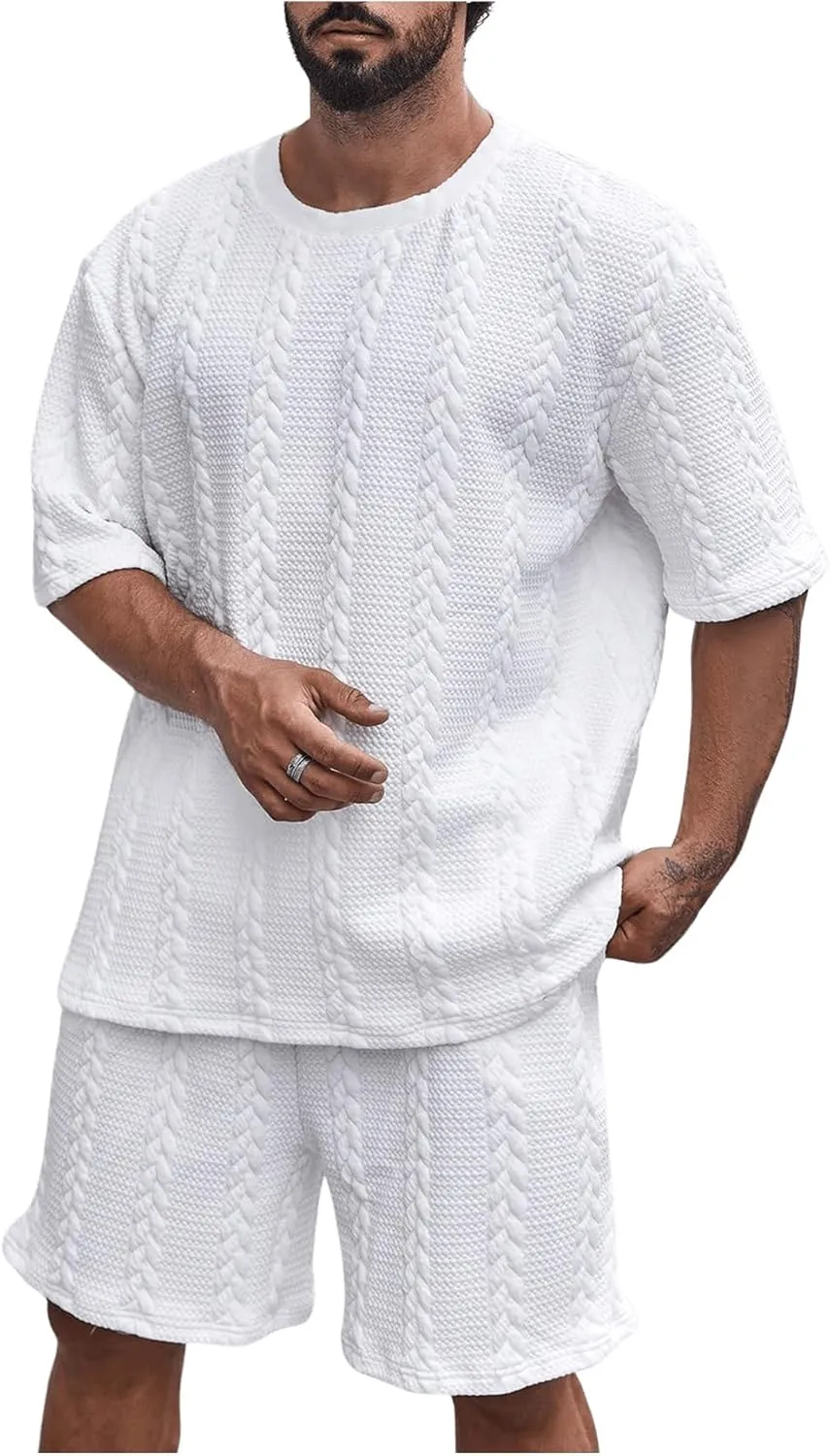 GORGLITTER Men's Big and Tall Vacation Beach Outfits Cable Knit Short Sleeve T Shirt Shorts Set
