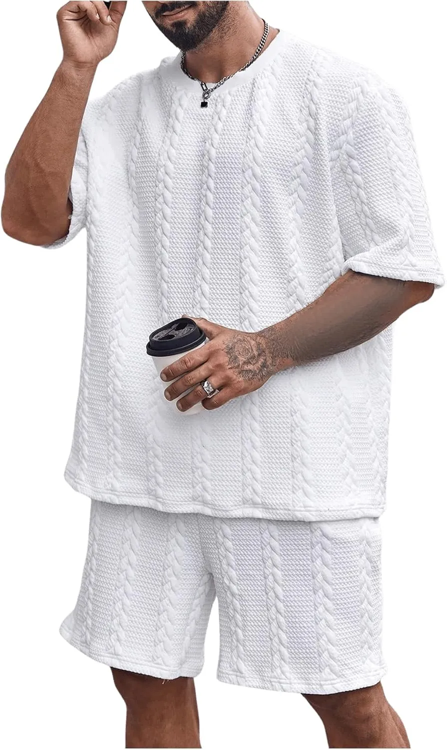 GORGLITTER Men's Big and Tall Vacation Beach Outfits Cable Knit Short Sleeve T Shirt Shorts Set
