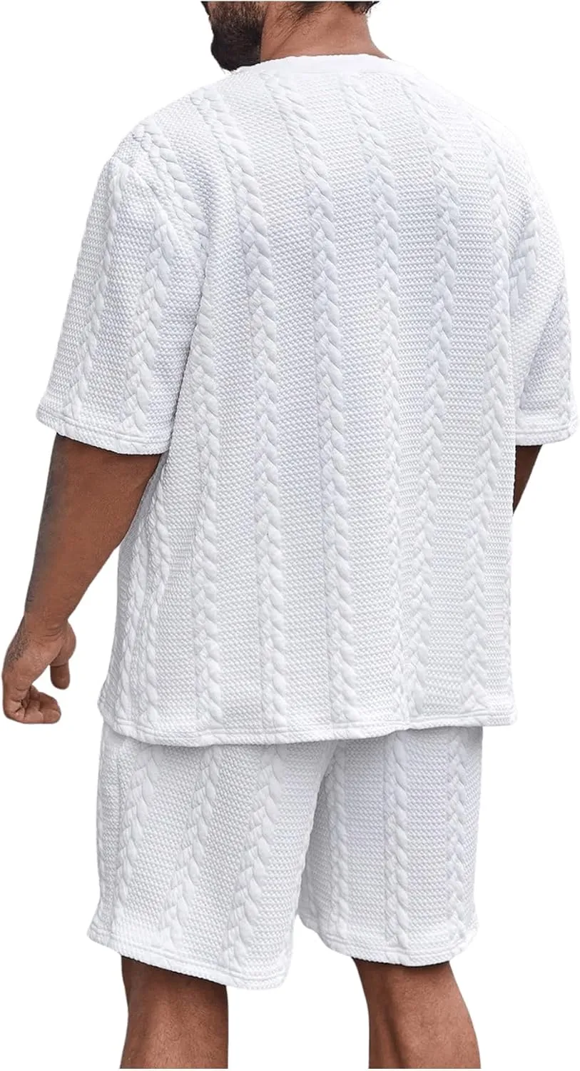 GORGLITTER Men's Big and Tall Vacation Beach Outfits Cable Knit Short Sleeve T Shirt Shorts Set