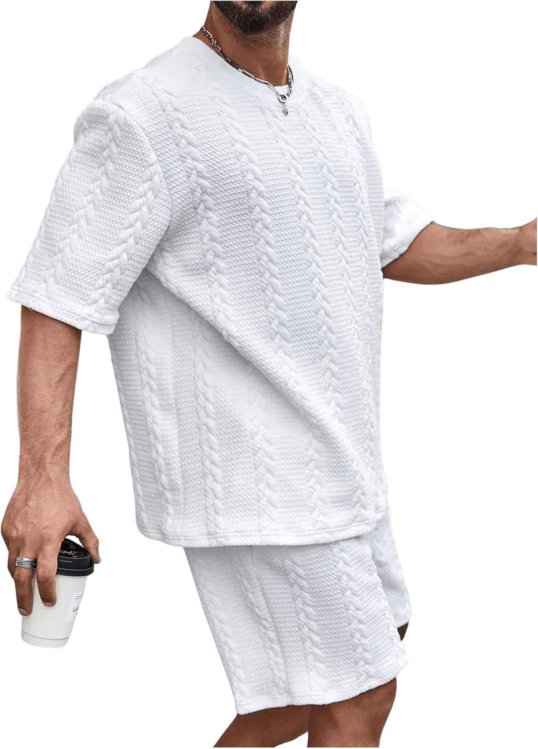 GORGLITTER Men's Big and Tall Vacation Beach Outfits Cable Knit Short Sleeve T Shirt Shorts Set