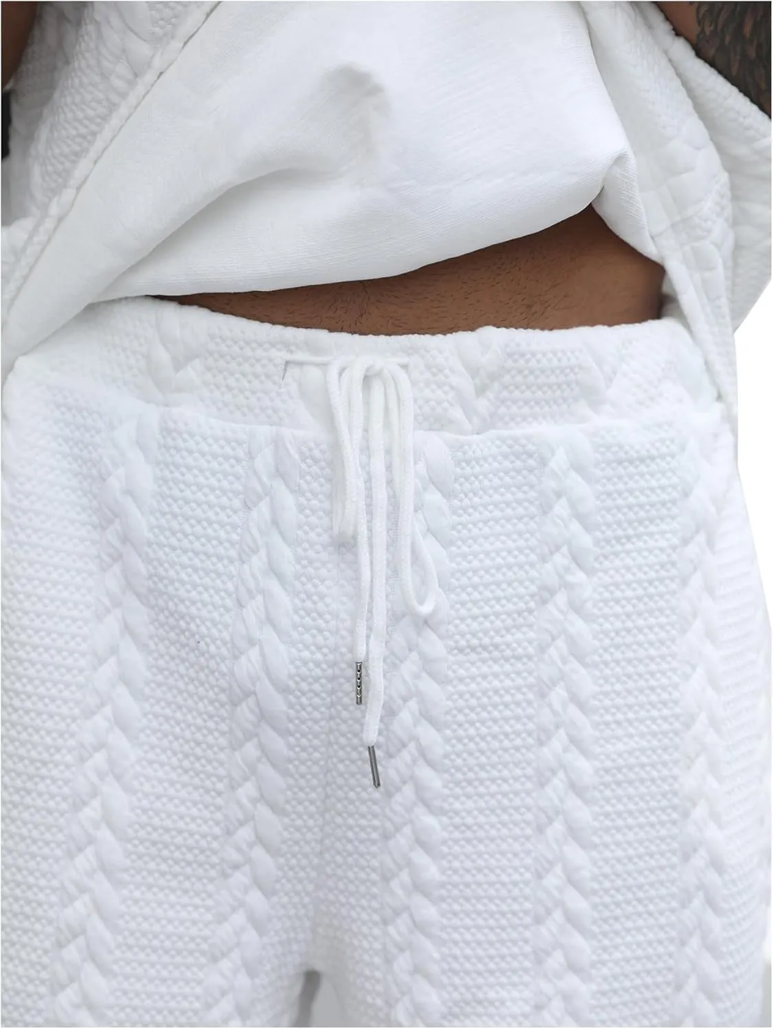 GORGLITTER Men's Big and Tall Vacation Beach Outfits Cable Knit Short Sleeve T Shirt Shorts Set