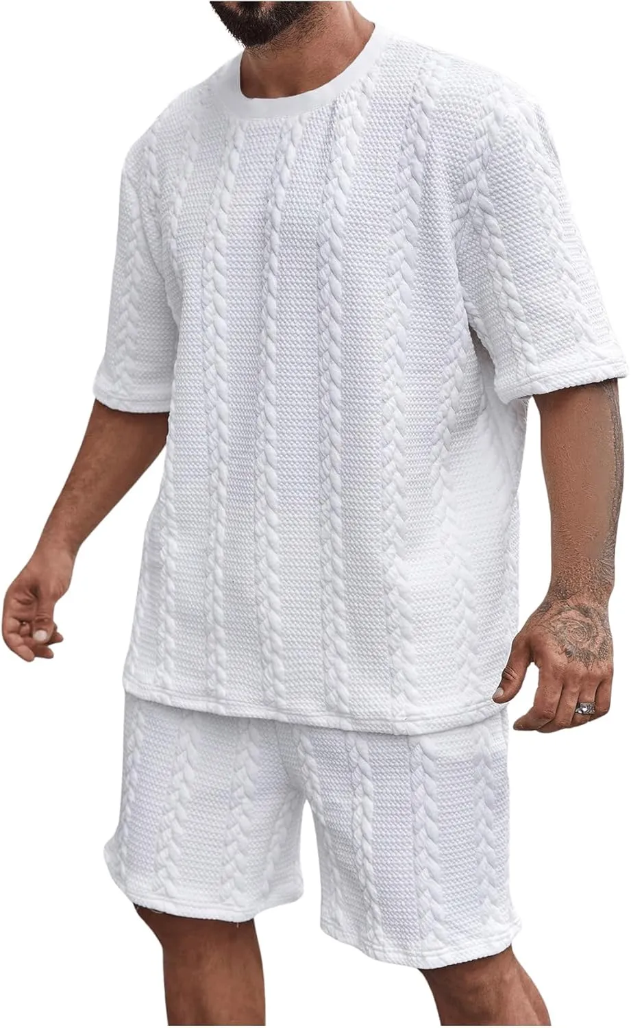 GORGLITTER Men's Big and Tall Vacation Beach Outfits Cable Knit Short Sleeve T Shirt Shorts Set