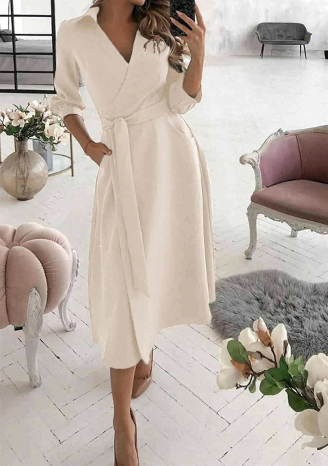 GORIFE Women's Casual Wrap V Neck Long Dress 3/4 Sleeve Floral Print Dress Lapel Flare Fit A-line Tie Belt Dresses