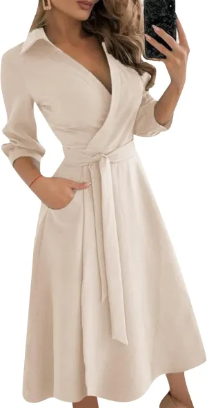GORIFE Women's Casual Wrap V Neck Long Dress 3/4 Sleeve Floral Print Dress Lapel Flare Fit A-line Tie Belt Dresses