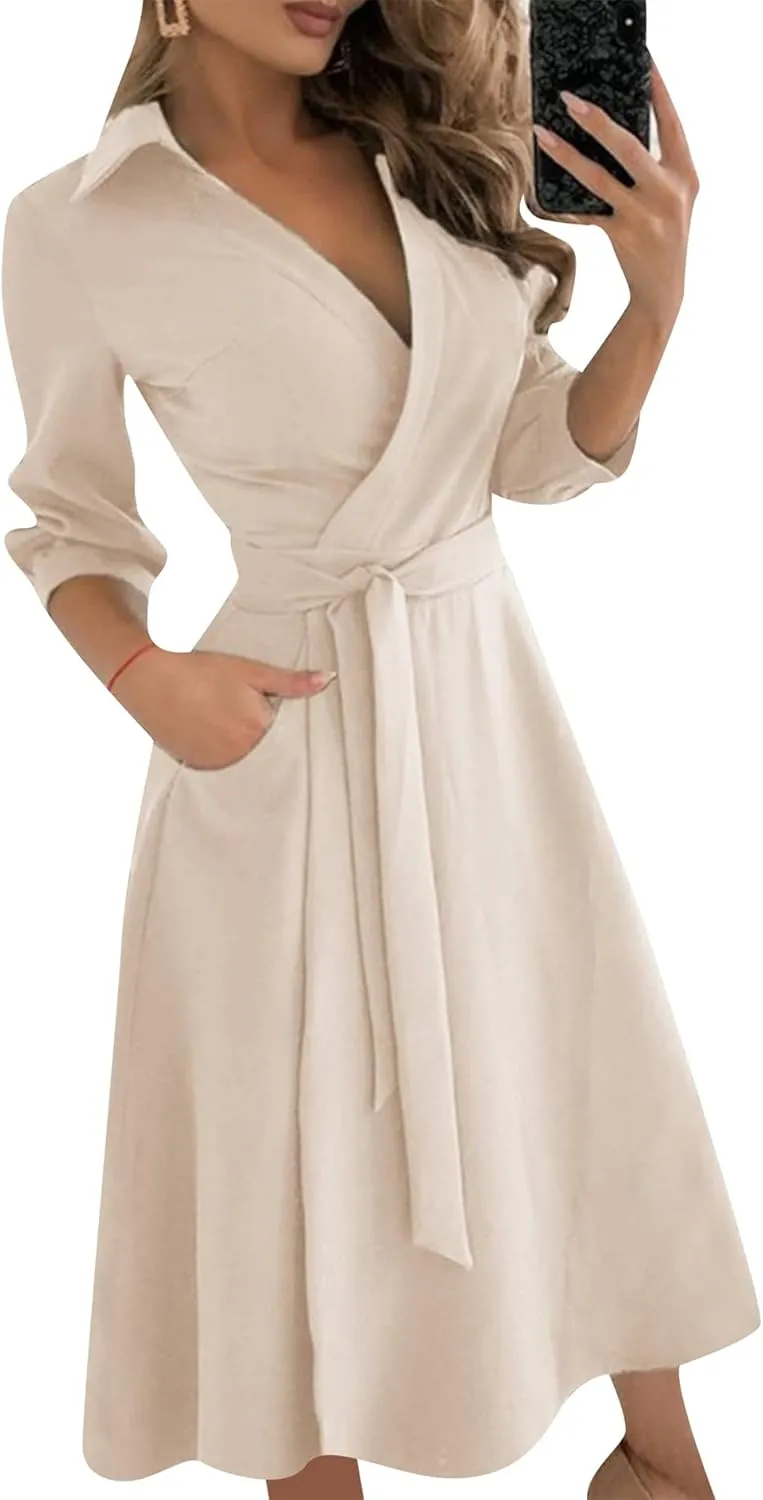 GORIFE Women's Casual Wrap V Neck Long Dress 3/4 Sleeve Floral Print Dress Lapel Flare Fit A-line Tie Belt Dresses