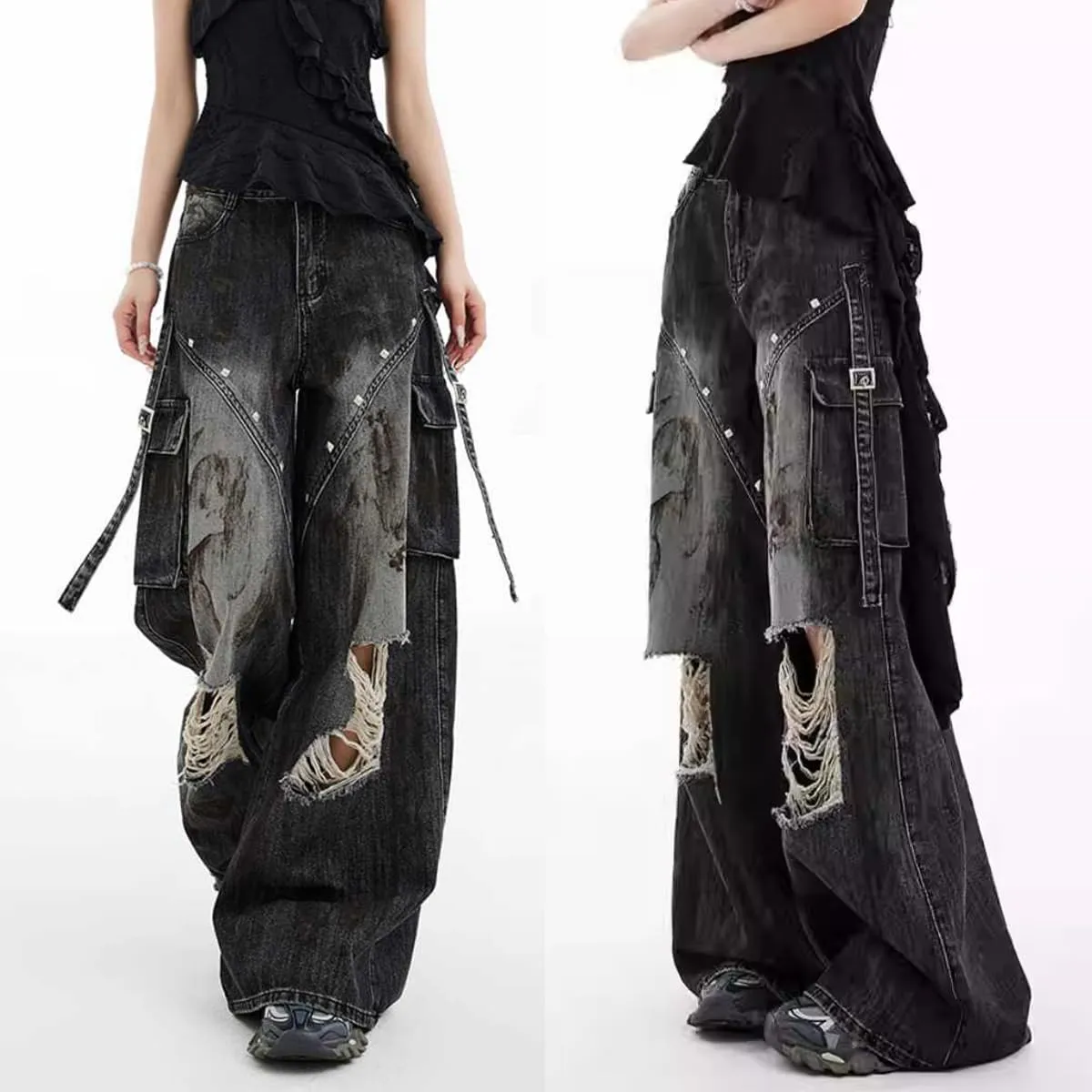 Gothic Women's Jeans Fashion Y2K Vintage Straight High Waist Baggy Wide Leg Ripped Denim Pants Black