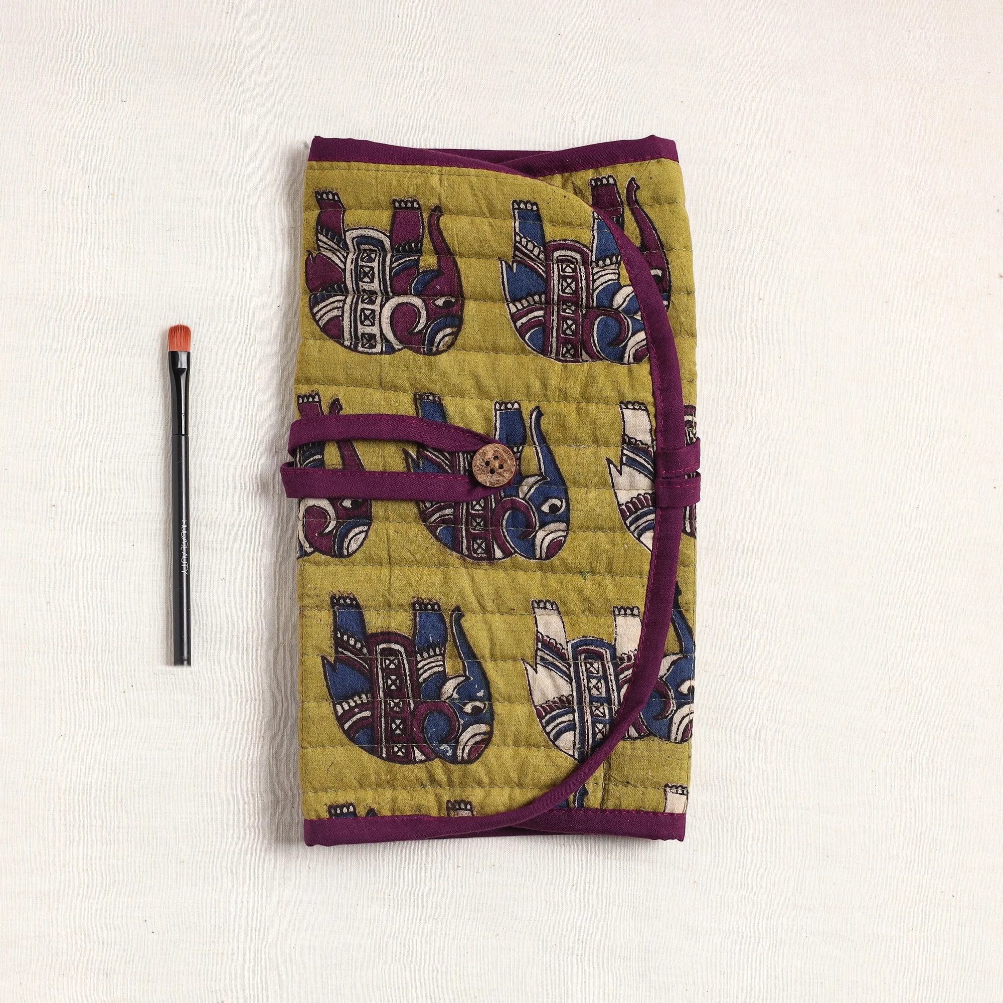 Green - Kalamkari Fabric Multipurpose Segmented Make-up Brush Wrap Pouch/Case