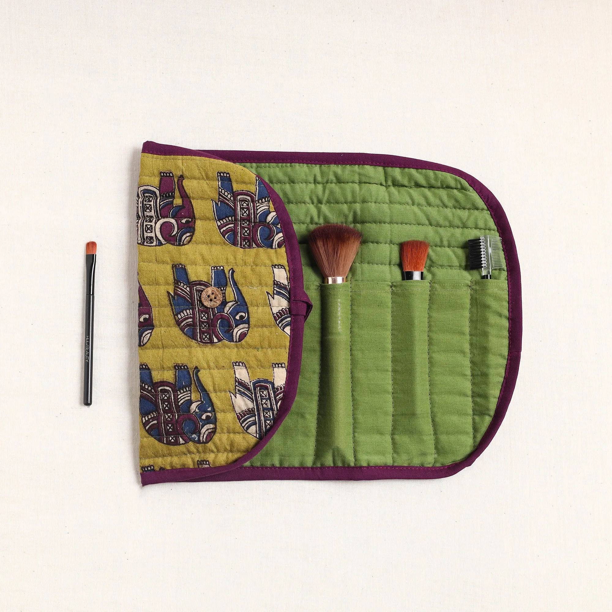 Green - Kalamkari Fabric Multipurpose Segmented Make-up Brush Wrap Pouch/Case