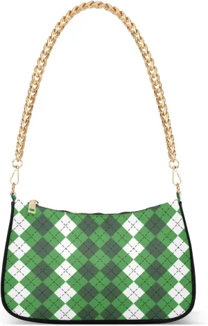 Green Tartan Plaid St. Patricks Day Shoulder Handbags for Women Travel Hobo Tote Handbag Women Gold Chain Shoulder Bags Purse with Zipper Closure