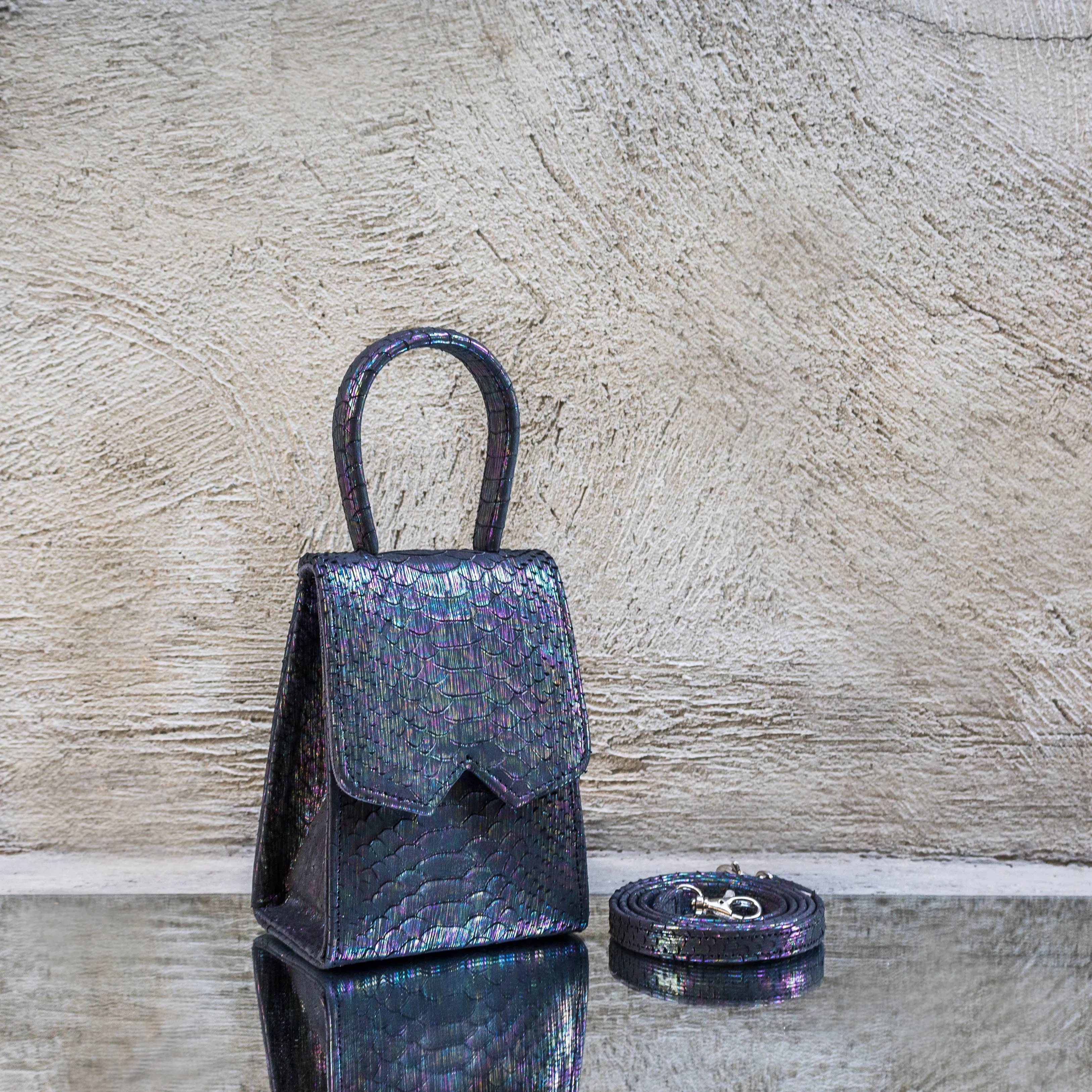 Gunmetal Snake Print Leather Mini Bag