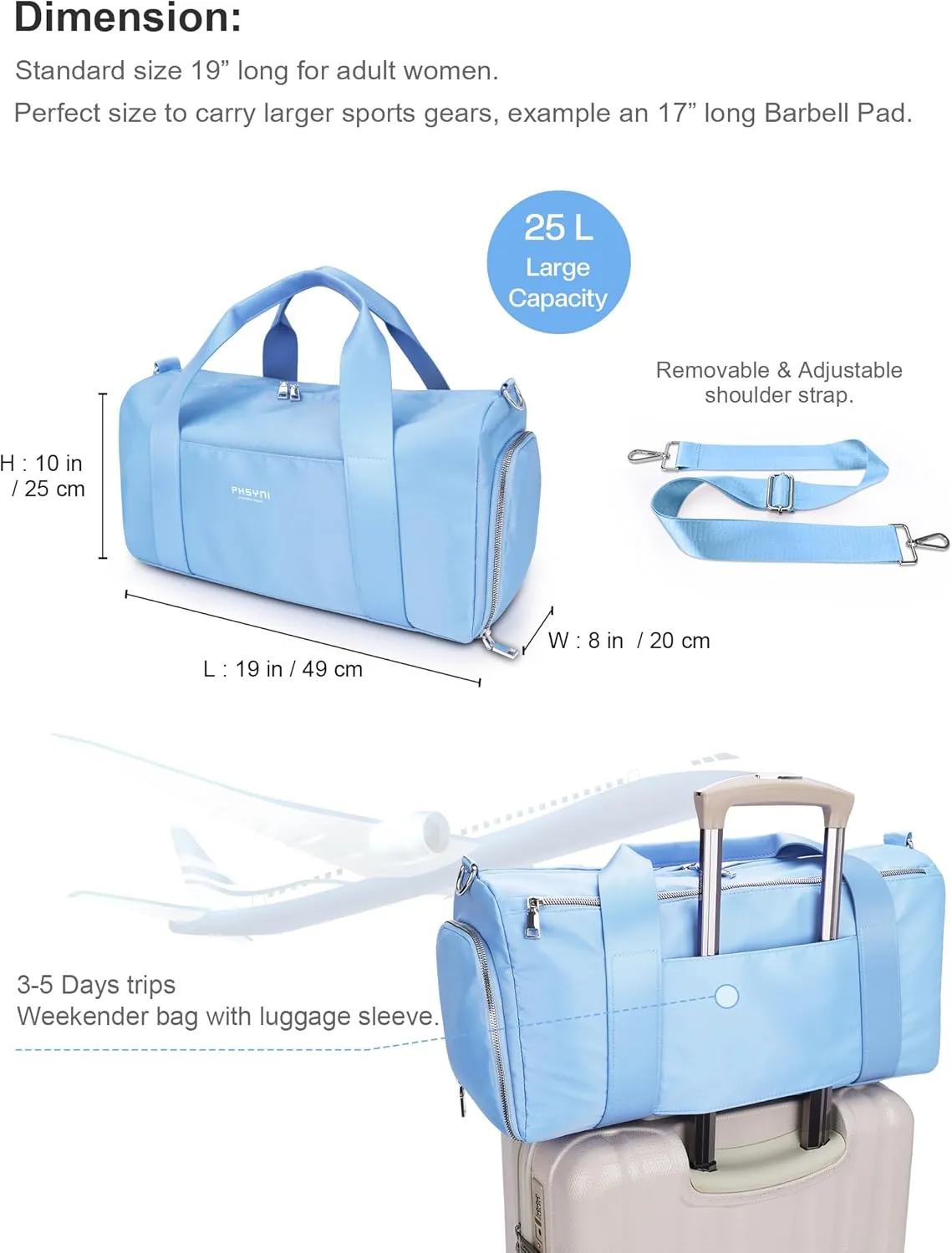 Gym Bag for Women Girls with Shoe Compartment & Wet Pocket - Duffle Bag for Travel Sports Fitness Workout Athletic, 19"-Medium, Blue