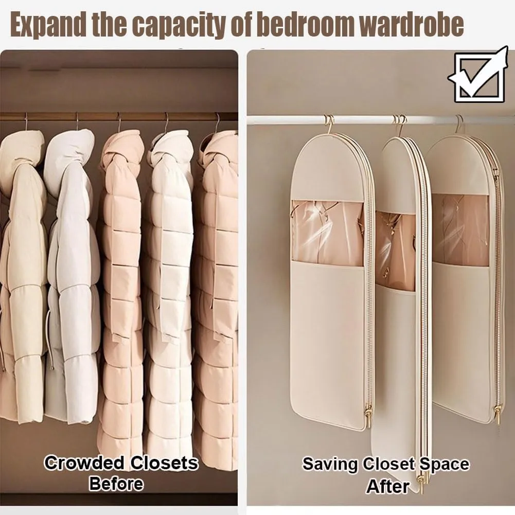 Hanging Garment Storage Bag with Self Compression Zipper, Dustproof Hanging Protector, Closet Expand Capacity Clothes Storage Bags,for Down Coats, Winter Jackets (Pink, 3 PCS)