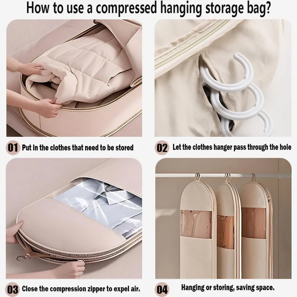Hanging Garment Storage Bag with Self Compression Zipper, Dustproof Hanging Protector, Closet Expand Capacity Clothes Storage Bags,for Down Coats, Winter Jackets (Pink, 3 PCS)
