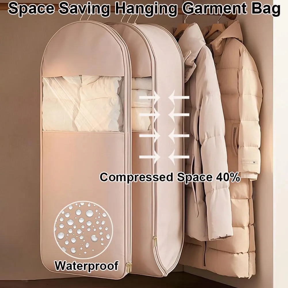 Hanging Garment Storage Bag with Self Compression Zipper, Dustproof Hanging Protector, Closet Expand Capacity Clothes Storage Bags,for Down Coats, Winter Jackets (Pink, 3 PCS)