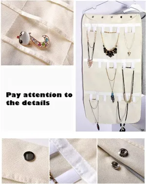 Hanging Jewelry Organizer Bag (40-Pockets) & 20 Magic Tape Hook Storage Bag Closet Storage for Portable Travel, Rings, Earrings, Necklaces, Clear PVC Plastic Windows, Roll-Up (Beige)
