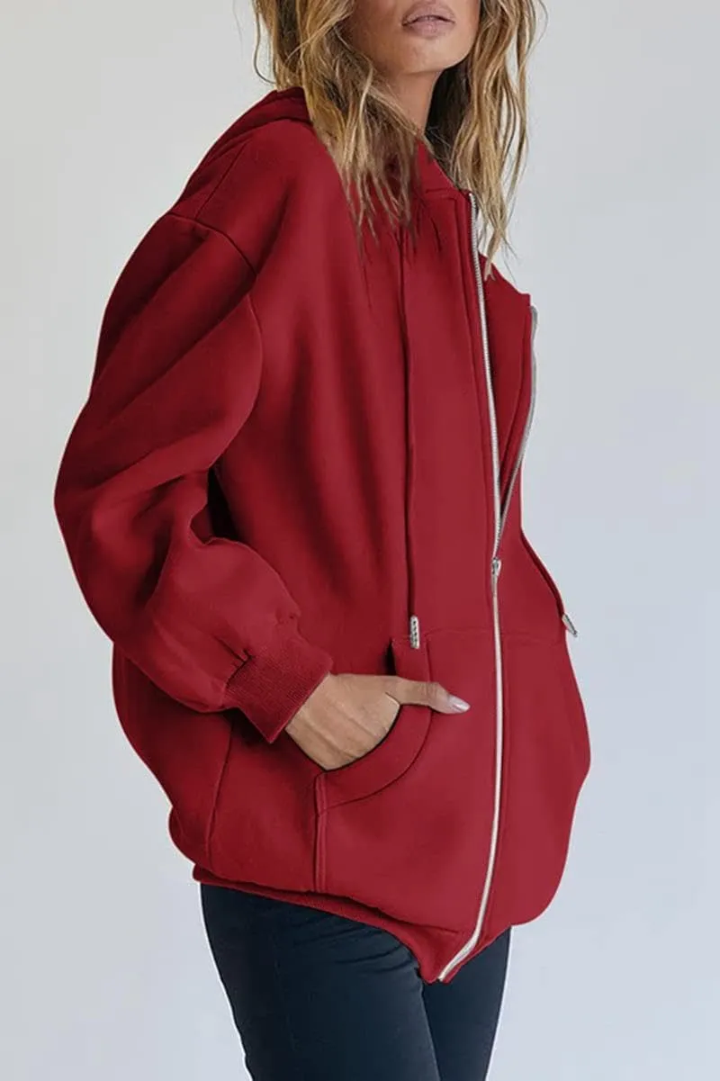HBER Women's Oversized Zip Up Hoodies Solid Sweatshirts Y2K Clothes Teen Girl Fall Casual Long Sleeve Jackets with Pockets