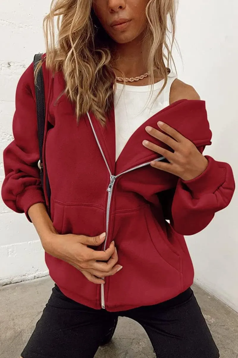 HBER Women's Oversized Zip Up Hoodies Solid Sweatshirts Y2K Clothes Teen Girl Fall Casual Long Sleeve Jackets with Pockets