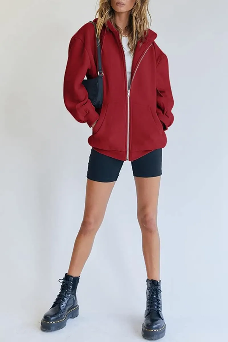 HBER Women's Oversized Zip Up Hoodies Solid Sweatshirts Y2K Clothes Teen Girl Fall Casual Long Sleeve Jackets with Pockets