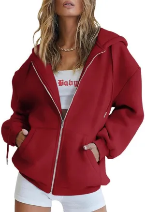 HBER Women's Oversized Zip Up Hoodies Solid Sweatshirts Y2K Clothes Teen Girl Fall Casual Long Sleeve Jackets with Pockets