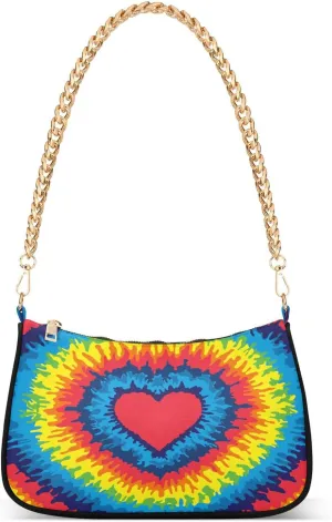 Heart Love Rainbow Tie Dye Shoulder Handbags for Women Travel Hobo Tote Handbag Women Gold Chain Shoulder Bags Purse with Zipper Closure