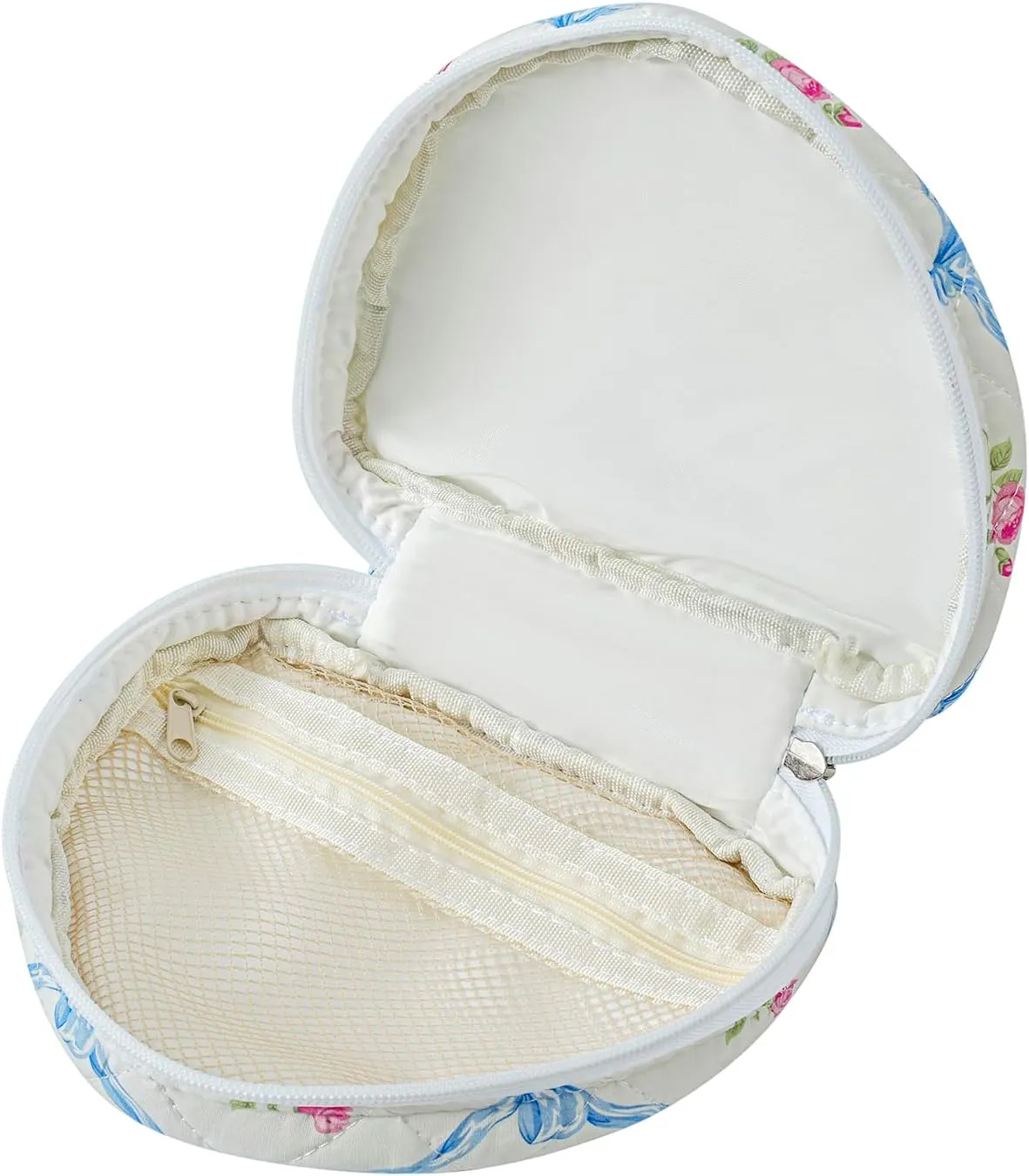 Heart Shaped Floral Cosmetic Bag Cotton Makeup Bag for Women, Travel Quilted Zipper Make Up Bag with Handle, Flowers Toiletry Organizer Case Makeup Cosmetic Travel Cloth Pouch (Blue Bowknot)