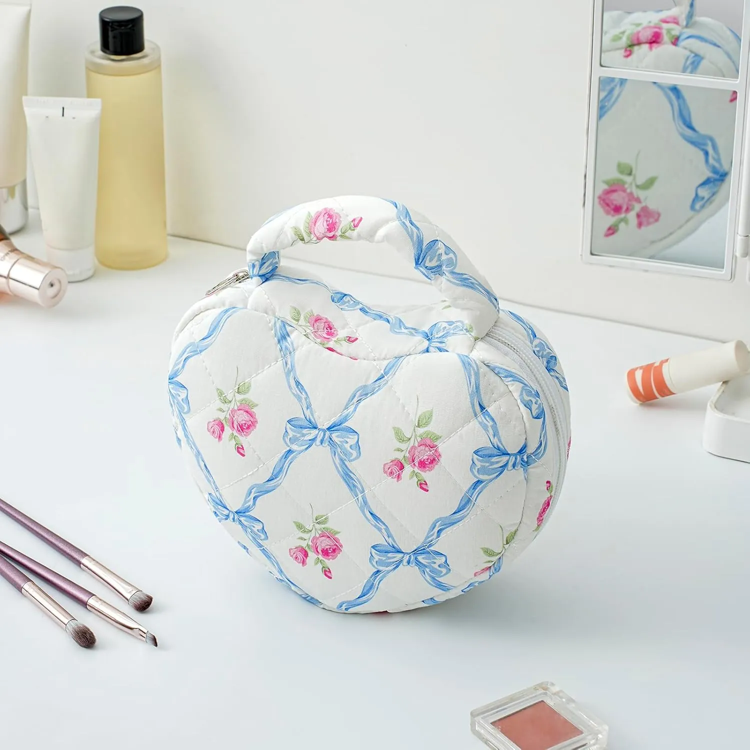 Heart Shaped Floral Cosmetic Bag Cotton Makeup Bag for Women, Travel Quilted Zipper Make Up Bag with Handle, Flowers Toiletry Organizer Case Makeup Cosmetic Travel Cloth Pouch (Blue Bowknot)