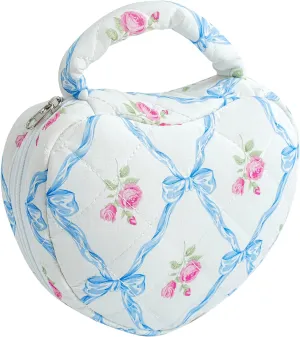 Heart Shaped Floral Cosmetic Bag Cotton Makeup Bag for Women, Travel Quilted Zipper Make Up Bag with Handle, Flowers Toiletry Organizer Case Makeup Cosmetic Travel Cloth Pouch (Blue Bowknot)