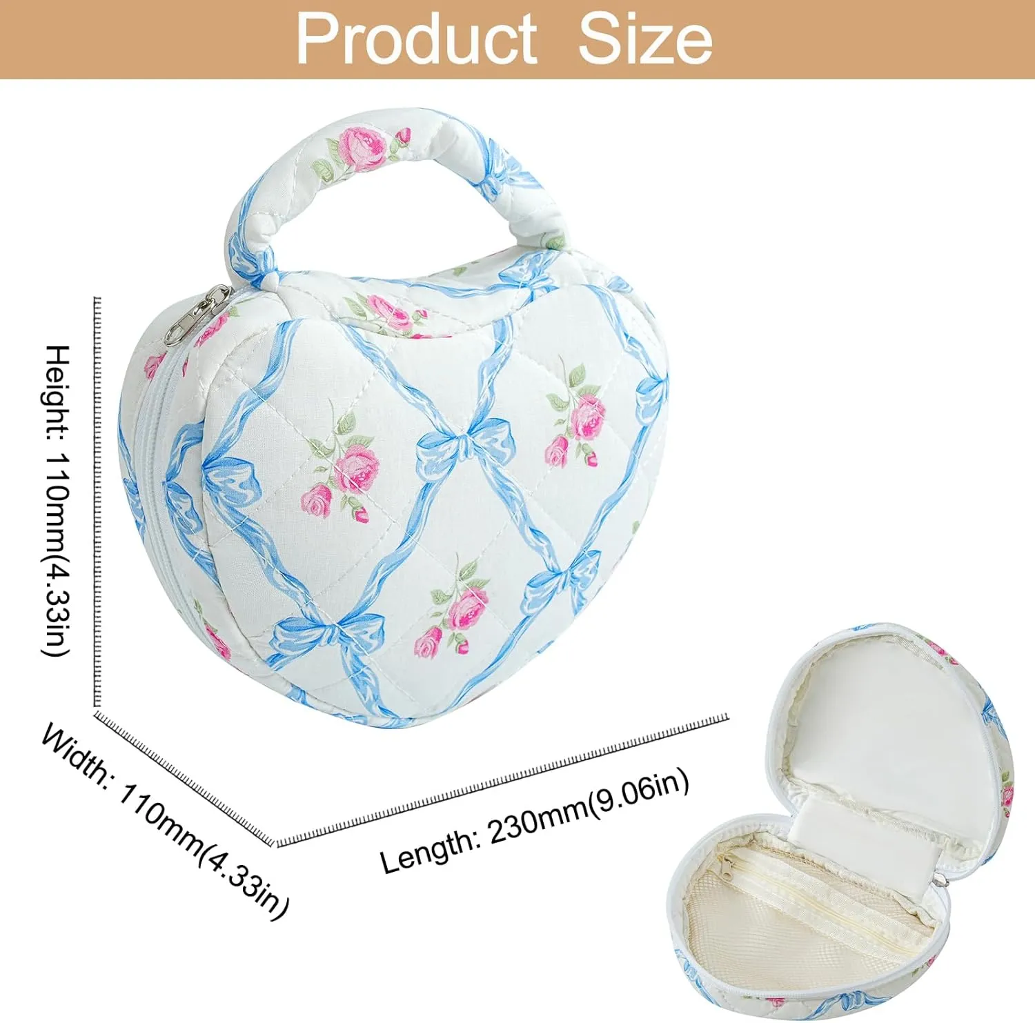 Heart Shaped Floral Cosmetic Bag Cotton Makeup Bag for Women, Travel Quilted Zipper Make Up Bag with Handle, Flowers Toiletry Organizer Case Makeup Cosmetic Travel Cloth Pouch (Blue Bowknot)