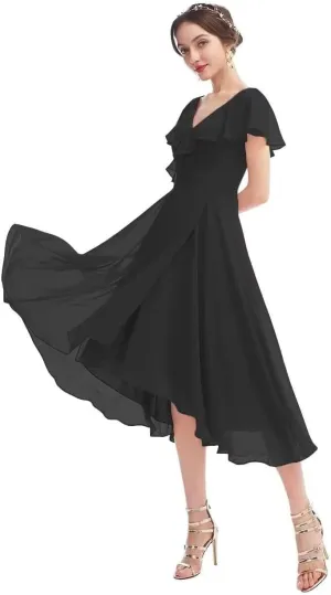 HEWEIGUI Chiffon Bridesmaid Dress for Women V Neck Short Sleeves Formal Cocktail Party Dress with Pockets