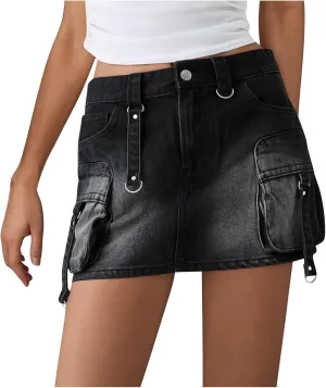 HGps8w Women's Y2K Denim Mini Skirt Classic Zipper Button High Waisted Bodycon Cargo Skirts with Flap Pockets