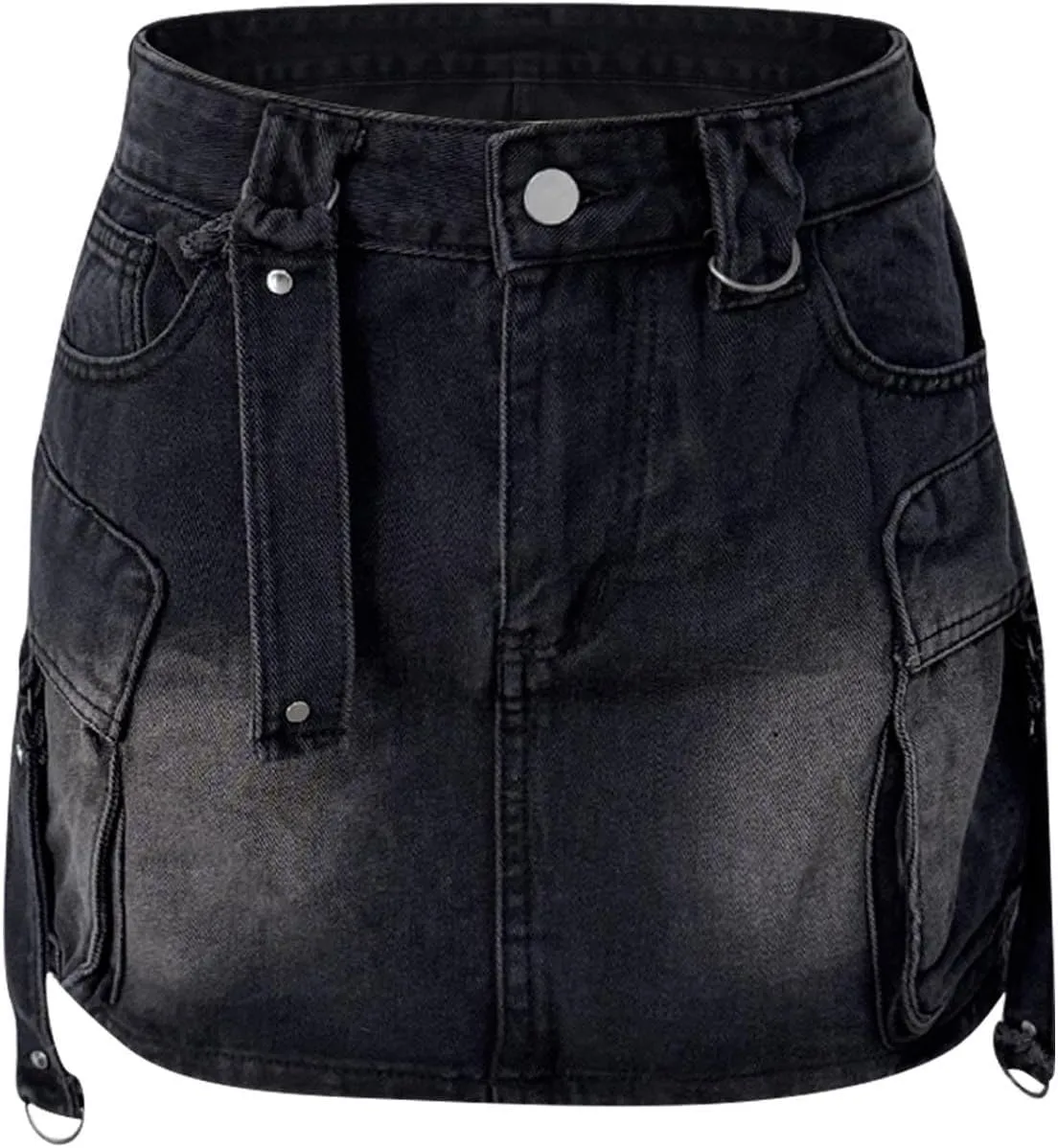 HGps8w Women's Y2K Denim Mini Skirt Classic Zipper Button High Waisted Bodycon Cargo Skirts with Flap Pockets