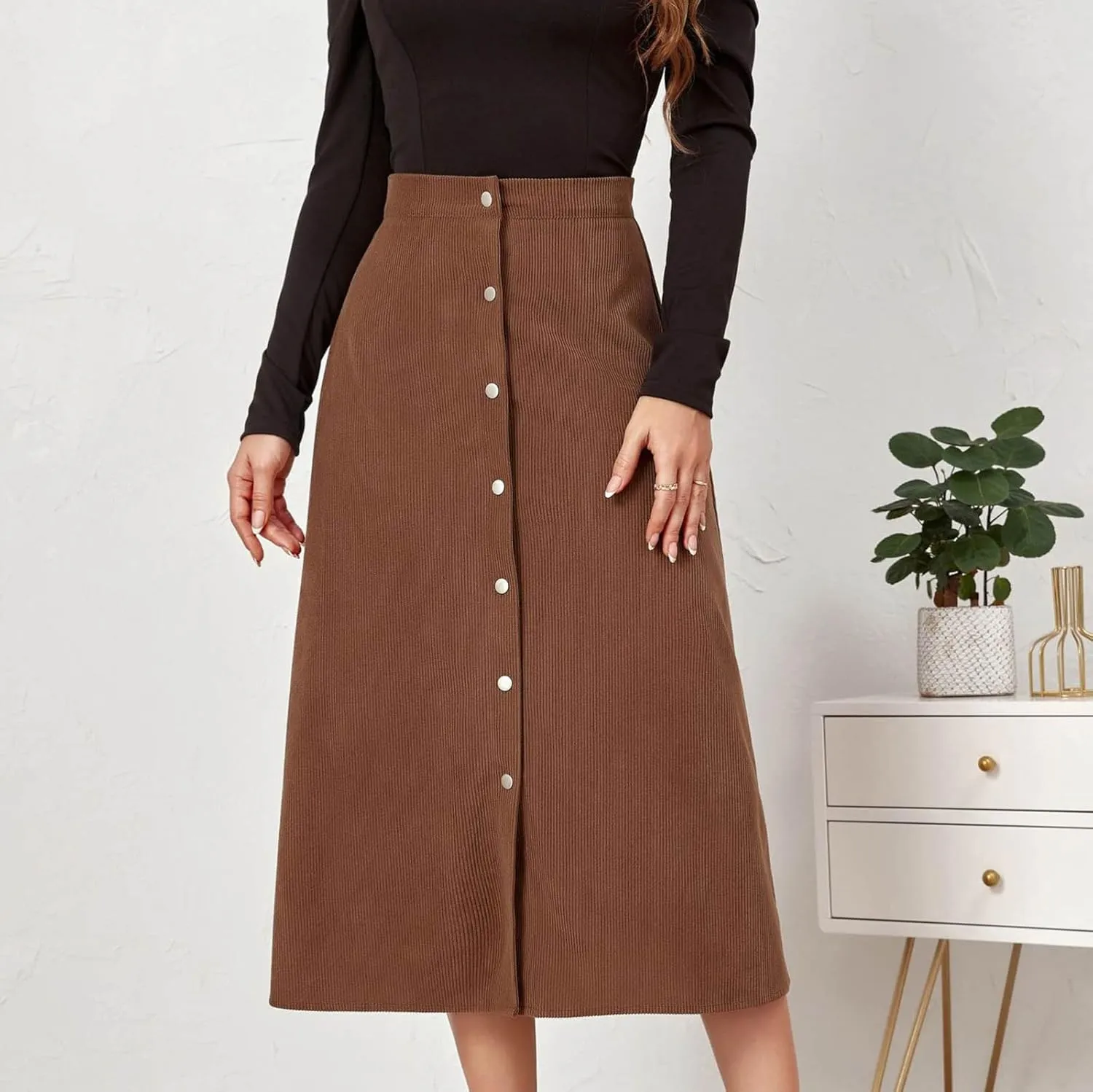 High Waisted Skirts for Women Elegant Cute Skirt Fashion Front Button A Line Skirt Solid Color Slim-Fit Skirts