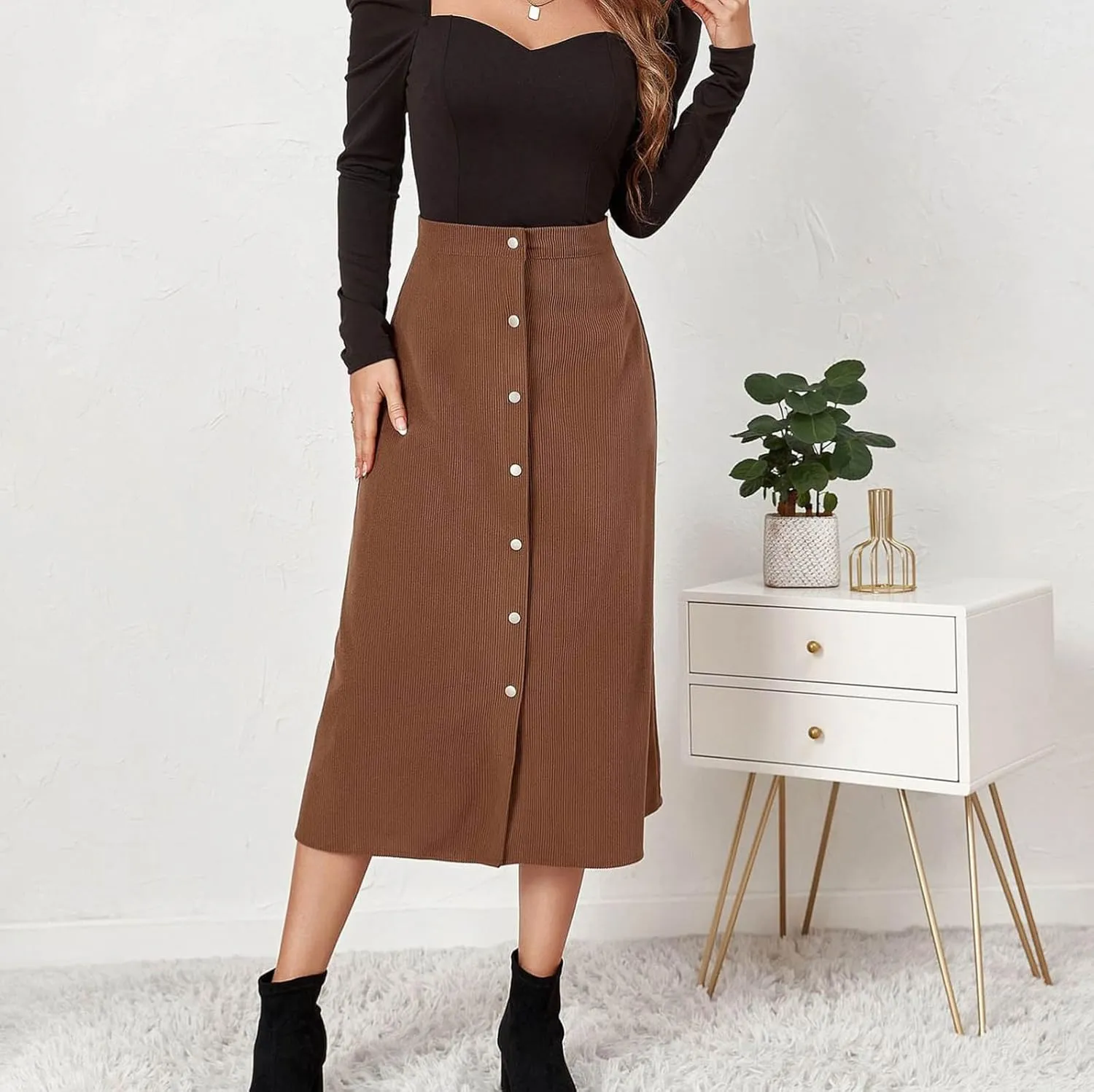 High Waisted Skirts for Women Elegant Cute Skirt Fashion Front Button A Line Skirt Solid Color Slim-Fit Skirts
