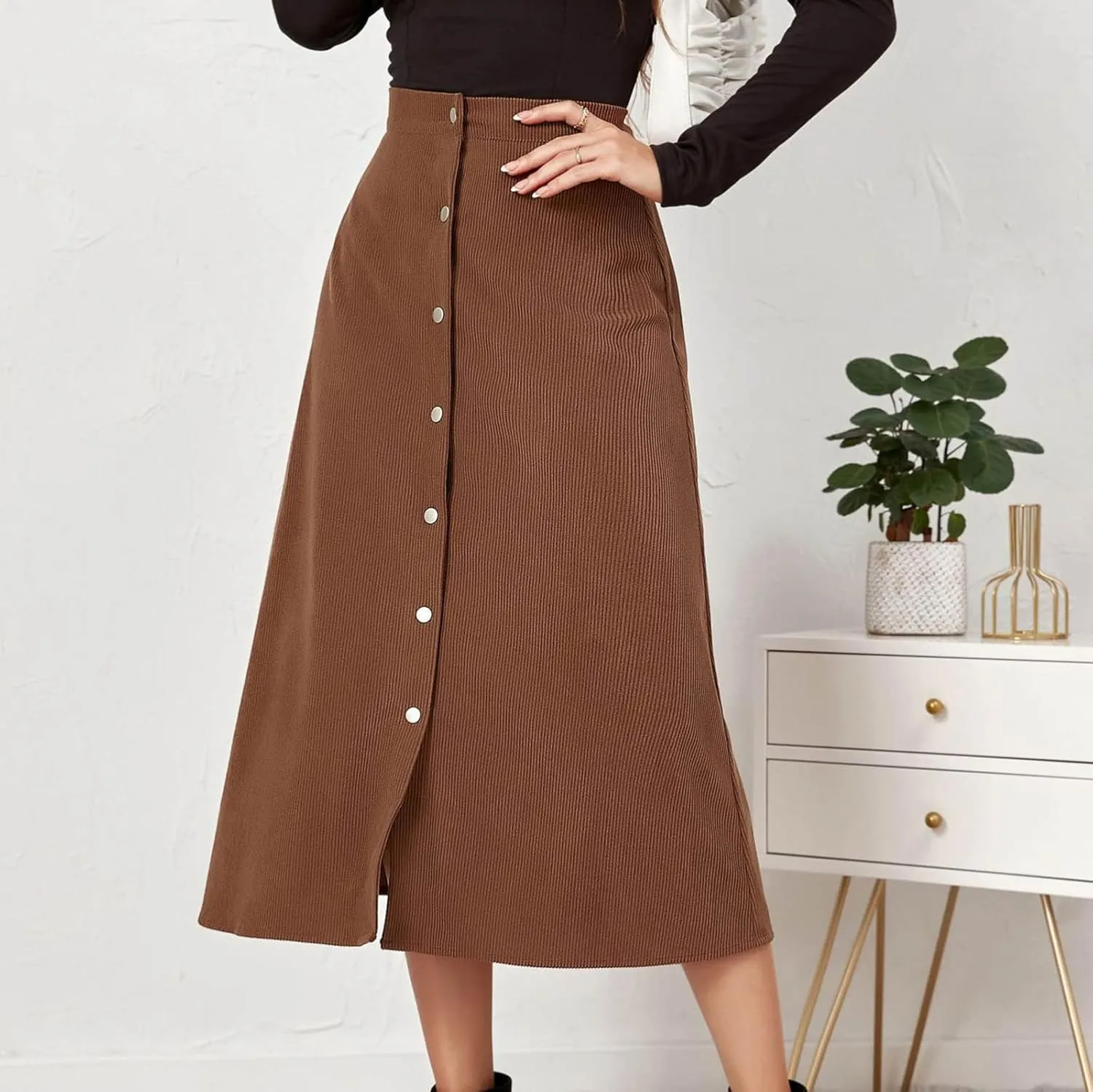 High Waisted Skirts for Women Elegant Cute Skirt Fashion Front Button A Line Skirt Solid Color Slim-Fit Skirts