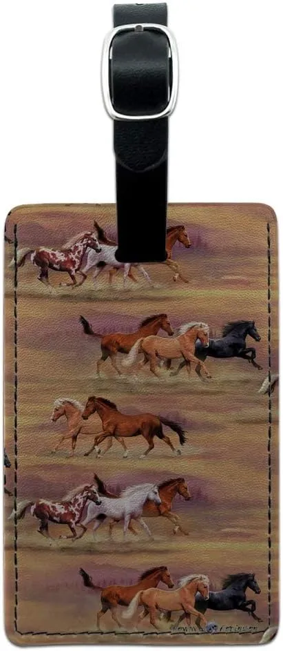 Horses Wild Running Pattern Rectangle Leather Luggage Card Carry-On ID Tag