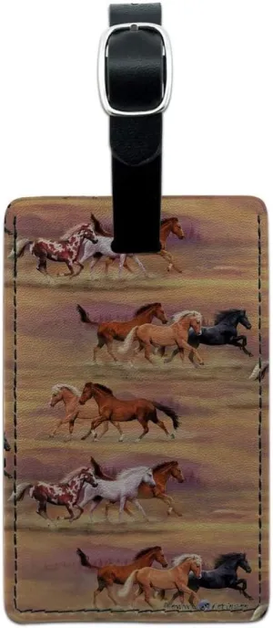 Horses Wild Running Pattern Rectangle Leather Luggage Card Carry-On ID Tag