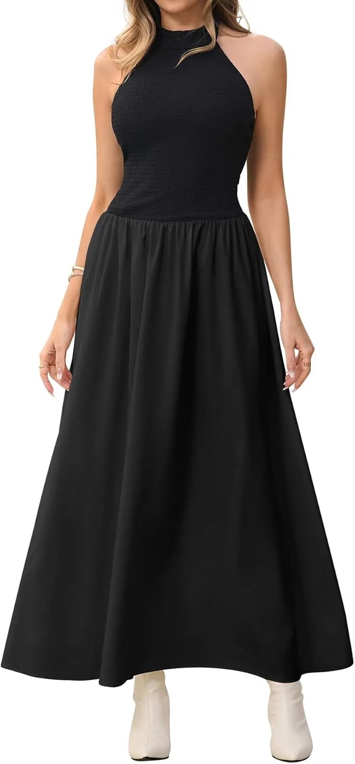 HTZMO Women Summer Casual Sleeveless Maxi Dresses 2025 Sexy Backless Halter Neck Patchwork Knit Sundress Flowy Long Dress